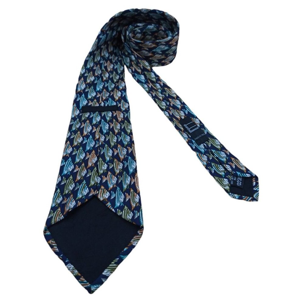 DUNHILL Blue Fish Logo Silk Tie ITALY 60"/ 4" EC - Picture 4 of 7